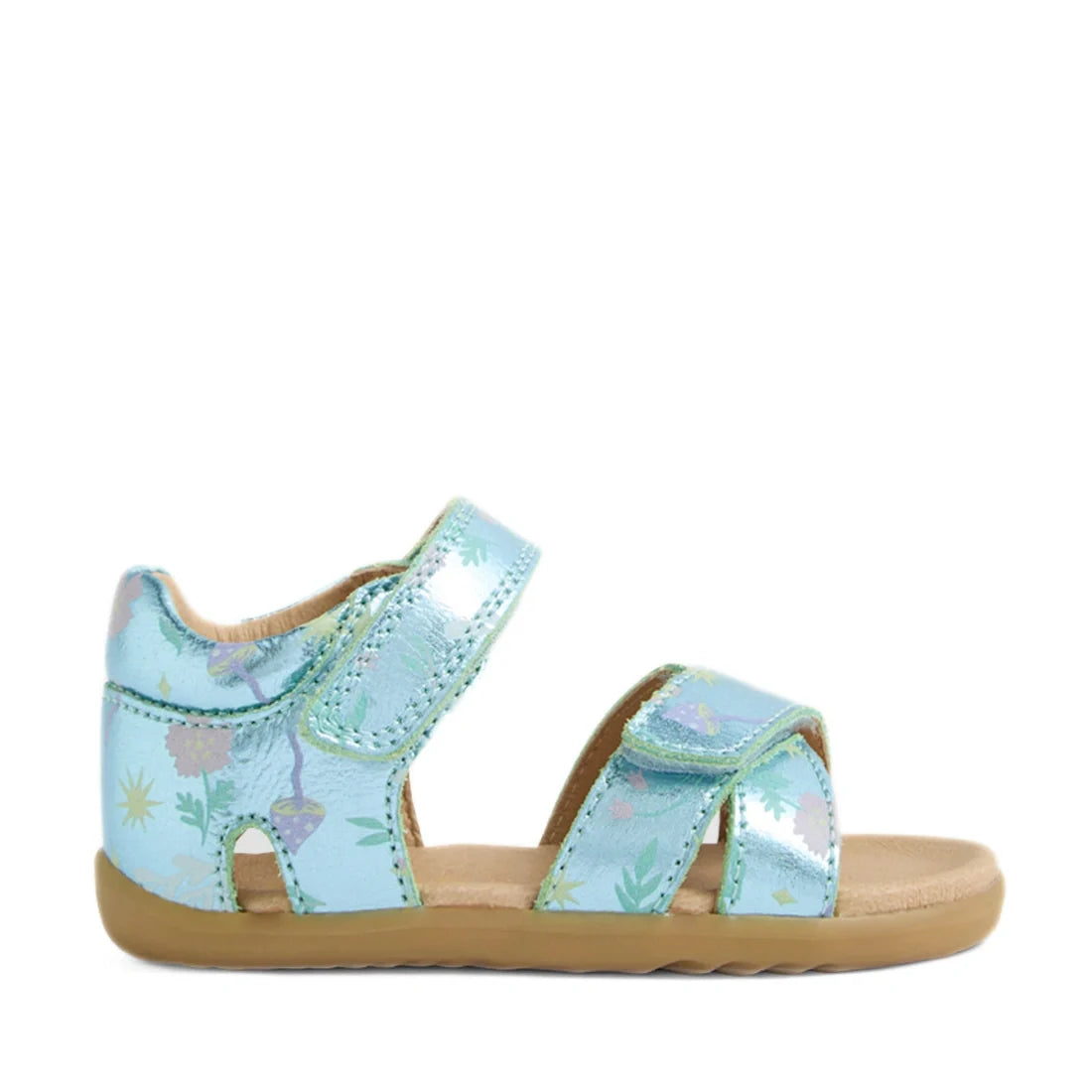 The Bobux Step Up Flora First Walker Jelly Mint Metallic Blue is a child’s sandal with a metallic blue upper adorned with colorful floral patterns, two adjustable hook-and-loop straps, and a tan rubber sole., 9420074848994, 9420074849007, 9420074849014