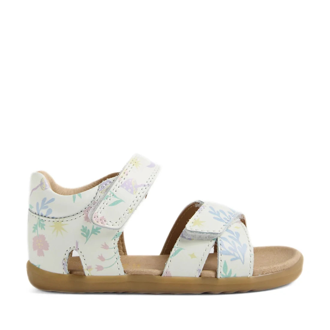 The Bobux Step Up Flora First Walker Sandal White Floral is a children’s sandal crafted from white leather with pastel floral patterns. Designed for early steps, it features hook-and-loop ankle and toe straps for a secure fit, an open toe, and a tan sole.