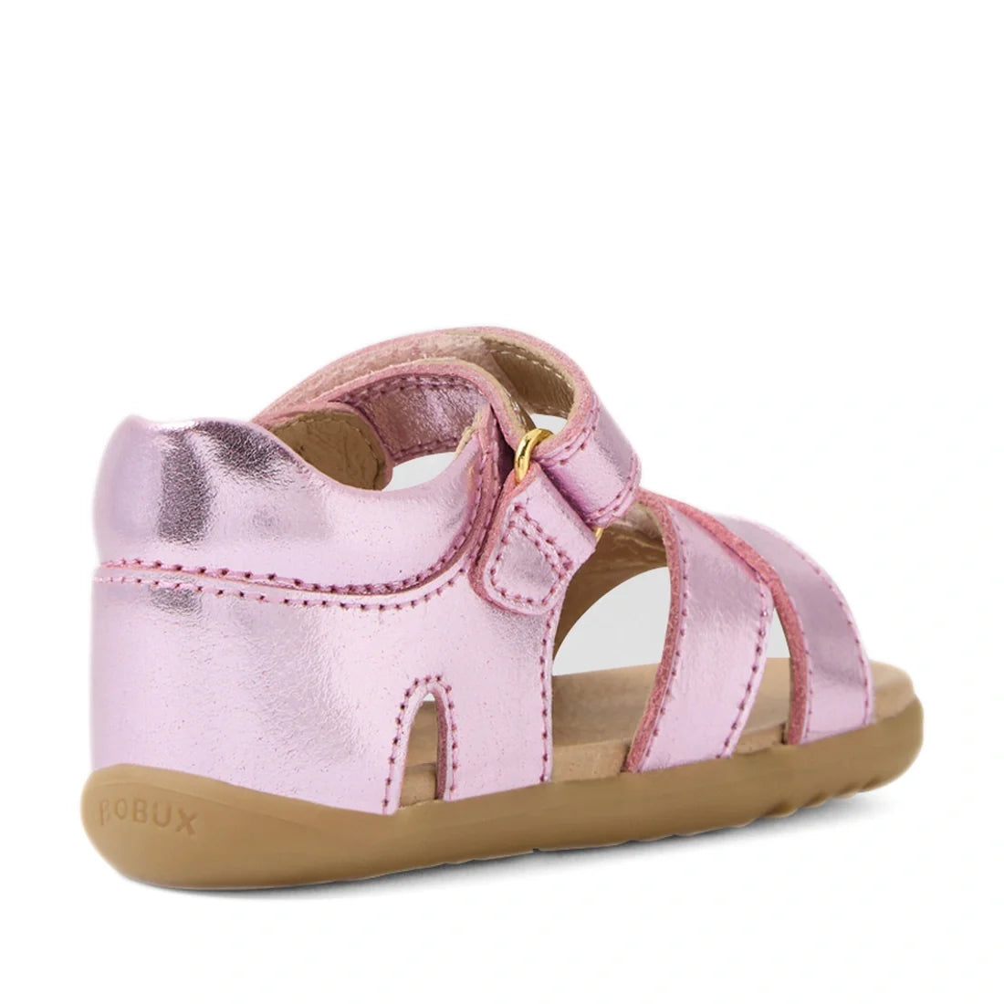 Introducing the Bobux Step Up Flora First Walker Sandal in Pink Lemonade Metallic—a stylish metallic pink toddler sandal featuring a closed heel, open toe, and adjustable strap. Perfect for little first walkers, these smooth leather sandals have a light b