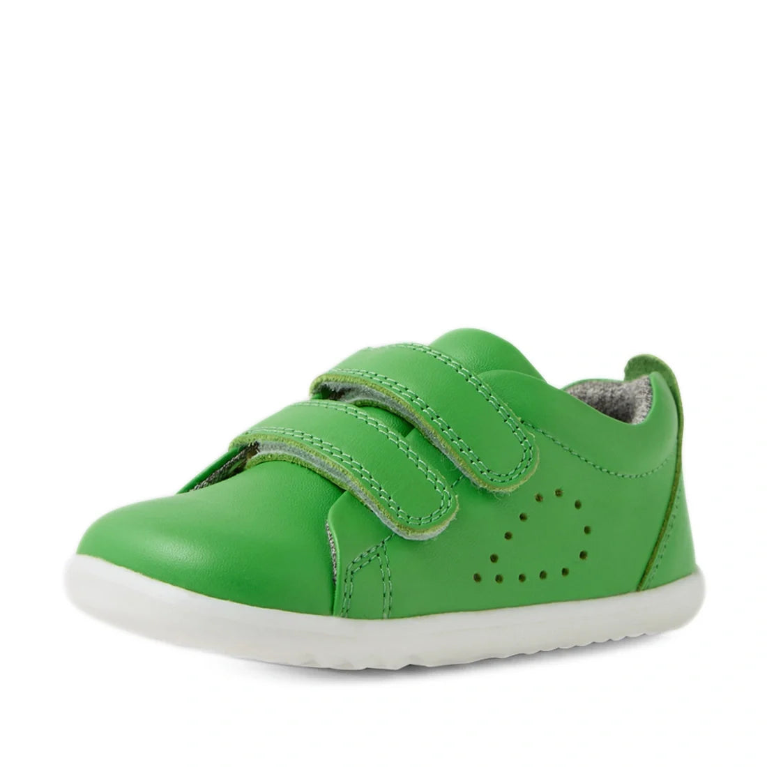 A single Bobux Step Up Grass Court Trainer Retro Green toddler shoe, featuring two Velcro straps and a white sole, is shown from a front-side angle against a white background., 9420074806314, 9420074806321