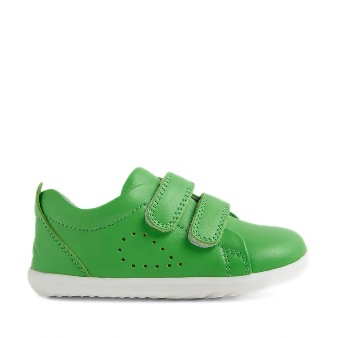A Retro Green Bobux Step Up Grass Court Trainer for kids, crafted in leather with two Velcro straps, a white sole, and small side perforations in a heart pattern—an ideal and stylish choice for first walkers., 9420074806314, 9420074806321