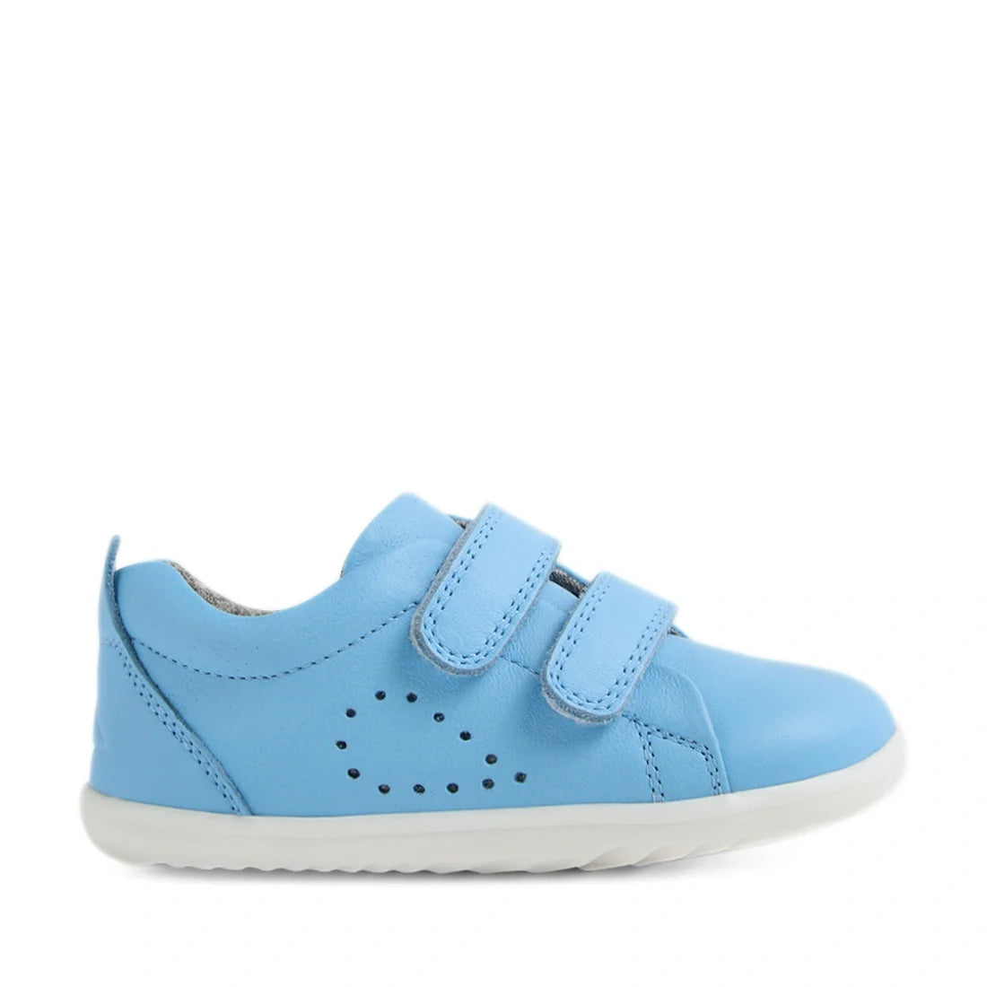 A single Baltic Sea Blue Bobux Step Up Grass Court Trainer toddler shoe with two Velcro straps, a white sole, and small perforated holes forming a heart shape on the side—perfect as first walkers or stylish kids’ leather sneakers., 9420074806604, 94200748