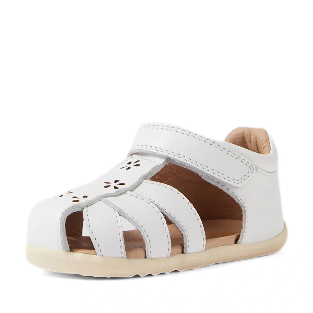 The Bobux Step Up Grass Holly First Walker Closed Toe Sandal in White boasts delicate cut-out floral details and a convenient velcro strap, with an open toe and a light tan sole—ideal as stylish leather first walking sandals for toddlers., 9420074849441, 