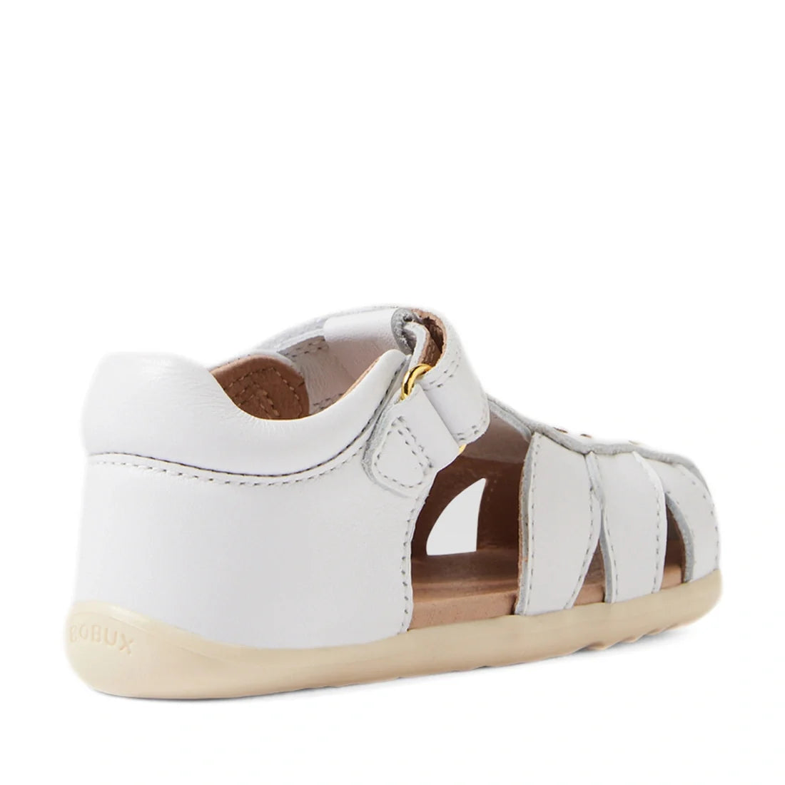 The Bobux Step Up Grass Holly First Walker Closed Toe Sandal in White is a toddler sandal shown from a rear side angle, featuring soft soles, an adjustable strap, closed heel and toe, and open sides—ideal as first walking sandals., 9420074849441, 94200748