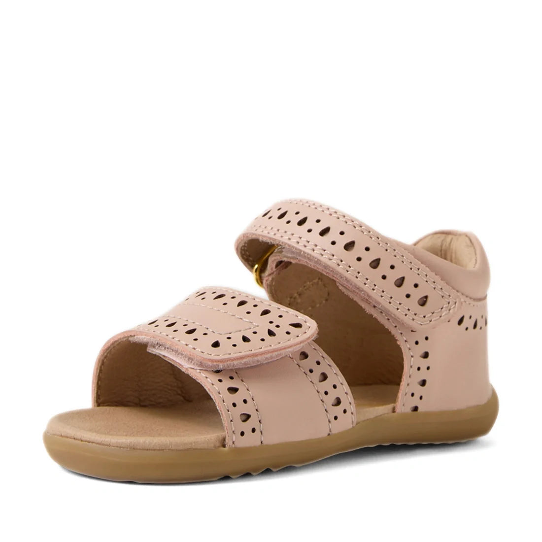 The Bobux Step Up Grass Logan First Walker Sandal in Cameo Rose Pink is designed for little girls, featuring two adjustable velcro straps and decorative cut-out details. With a soft tan sole and an open toe and heel design, these light pink sandals offer 