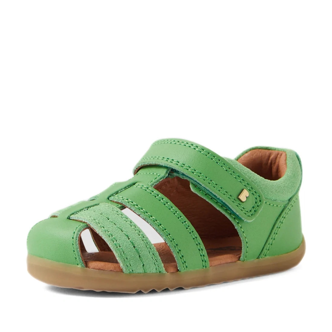 The Bobux Step Up Sandal Roam Closed Toe Sandals Retro Green—toddler sandals ideal as first walkers—feature a closed toe, velcro strap, premium leather upper with suede accents, and a durable rubber sole, shown here against a white background., 9420074807