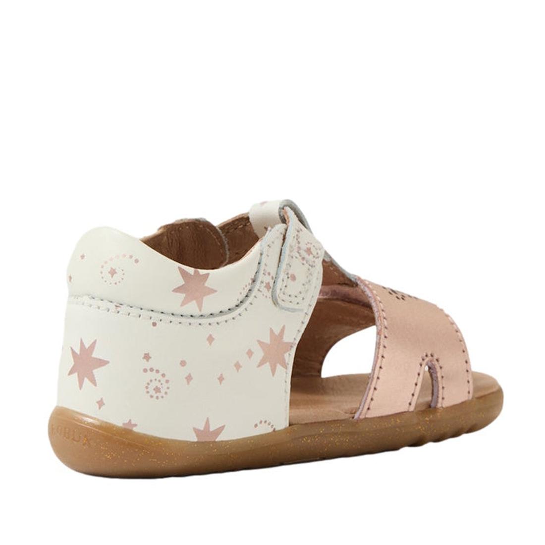 The Bobux Step Up SU Haven Star White Rose Gold Leather Sandal is a toddler sandal with a light pink toe, tan sole, white heel with pink stars and dots, open-toe design, and Velcro ankle strap for easy wear., 9420074865731, 9420074865748, 9420074865755, 9