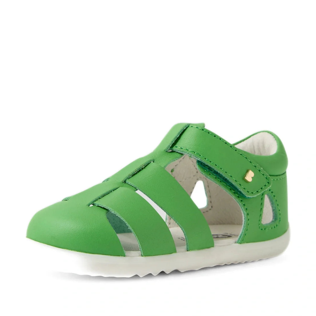 A Bobux Step Up SU Toddlers Tidal Retro Green Closed Toe Sandal featuring water-friendly leather, cut-out sides, a Velcro strap, and a closed toe—perfect for active little feet and shown against a white background., 9420074808424, 9420074808431, 942007480