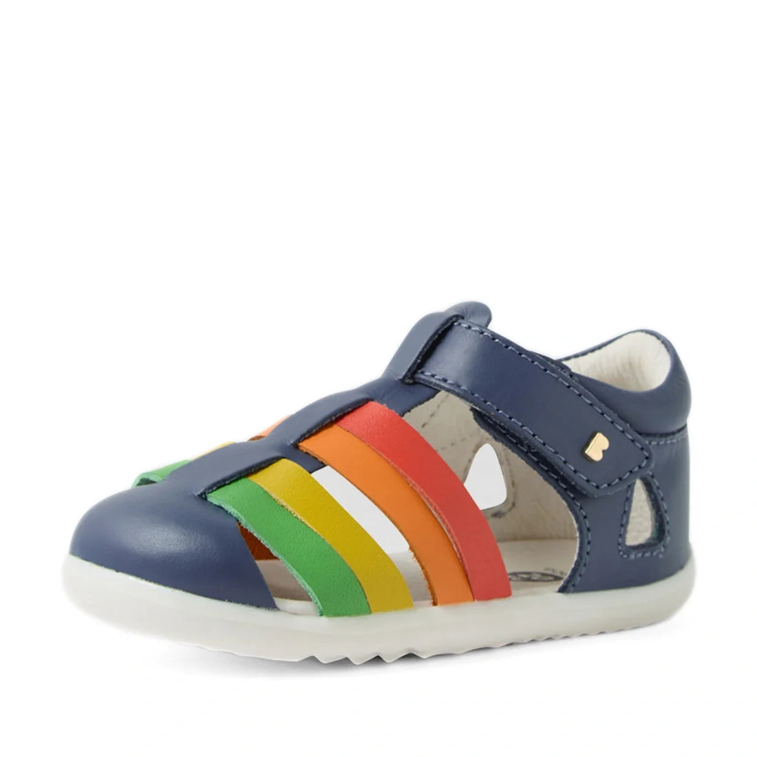 Introducing the Bobux Step Up SU Toddlers Tidal Vintage Indigo Blue Closed Toe Sandal — a stylish blue sandal designed for toddlers, featuring open sides and vibrant green, yellow, and orange straps across the front. Made from water-friendly leather, this