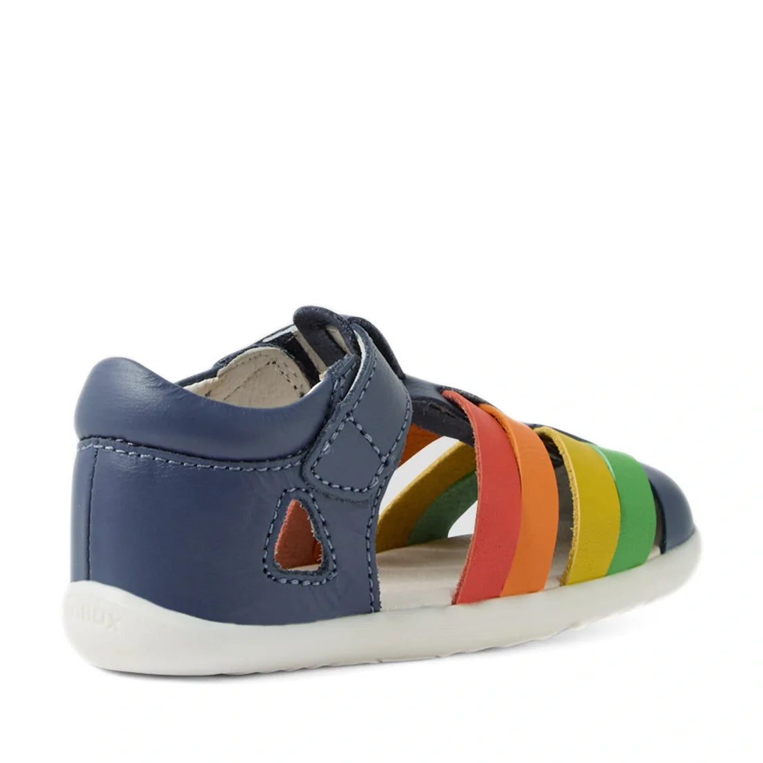 The Bobux Step Up SU Toddlers Tidal Vintage Indigo Blue Closed Toe Sandal is a stylish and water-friendly leather sandal for children, featuring a vintage indigo blue heel and multicolored straps in orange, red, yellow, and green. Designed with a durable 
