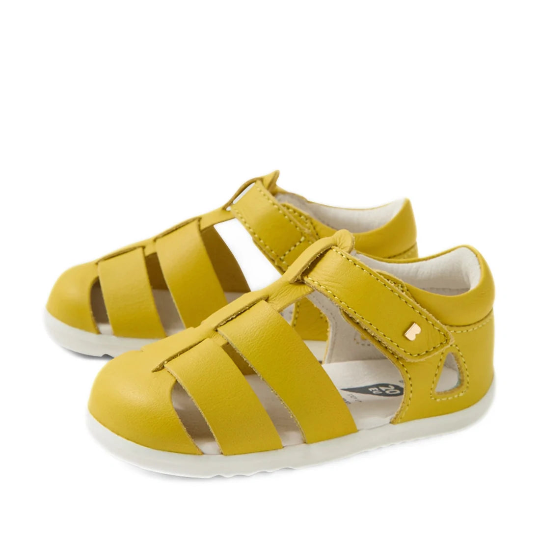 The Bobux Step Up SU Toddlers Tidal Mango Mint Yellow Closed Toe Sandal, featuring Velcro straps and white soles, is crafted from water-friendly leather and shown on a plain white background.