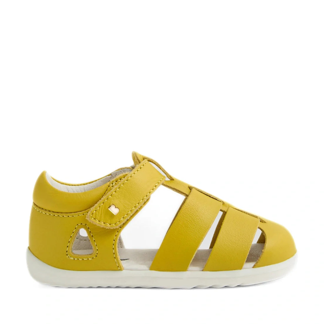 The Bobux Step Up SU Toddlers Tidal Mango Mint Yellow Closed Toe Sandal features a yellow, water-friendly leather design with a closed heel, heart-shaped cutout accents, a white sole, and an easy Velcro strap—perfect first walker sandals for all your todd