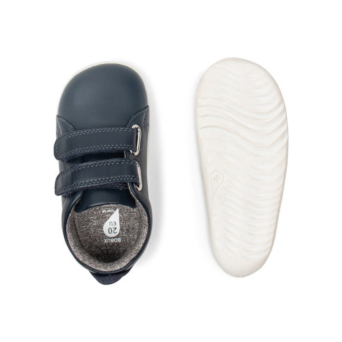 The Bobux Step Up Grass Court Trainer 728915J Navy features a double strap closure in dark blue on top, while the other shoe shows its white textured sole., 9420062001714, 9420075792135, 9420075789753, 9420075791428