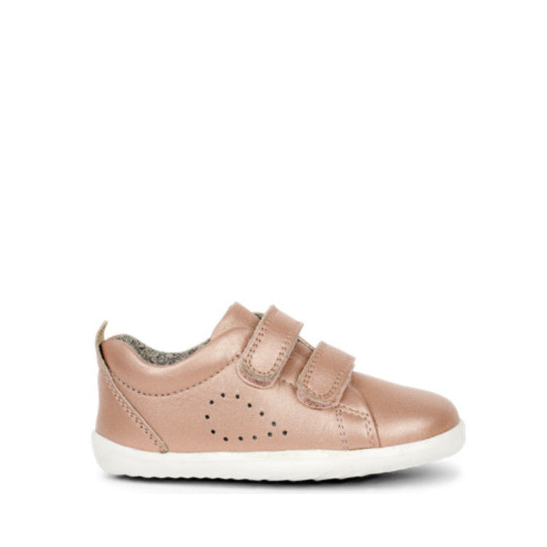 The Bobux Step Up Grass Court Trainer 728926 in Rose Gold is a small toddler shoe with two velcro straps, white sole, and side perforations—perfect for first-walkers, shown on a plain white background., 9420075792531, 9420075791183, 9420075789715, 9420075