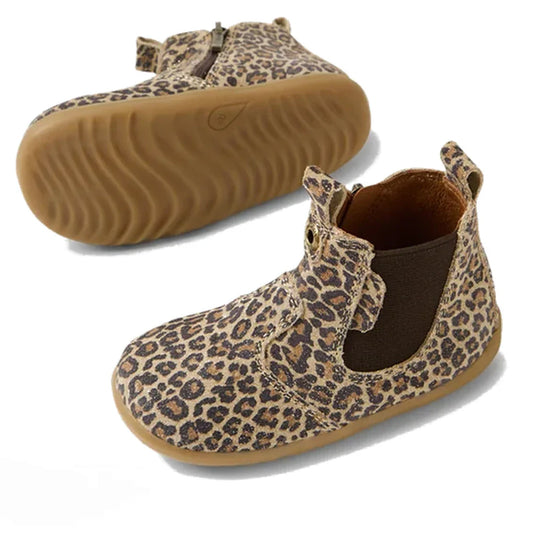 Bobux Step Up Jodhpur Boot Leopard Shimmer—soft tan and brown boots with elastic sides, easy zipper closure, and sturdy brown soles.  ksnz