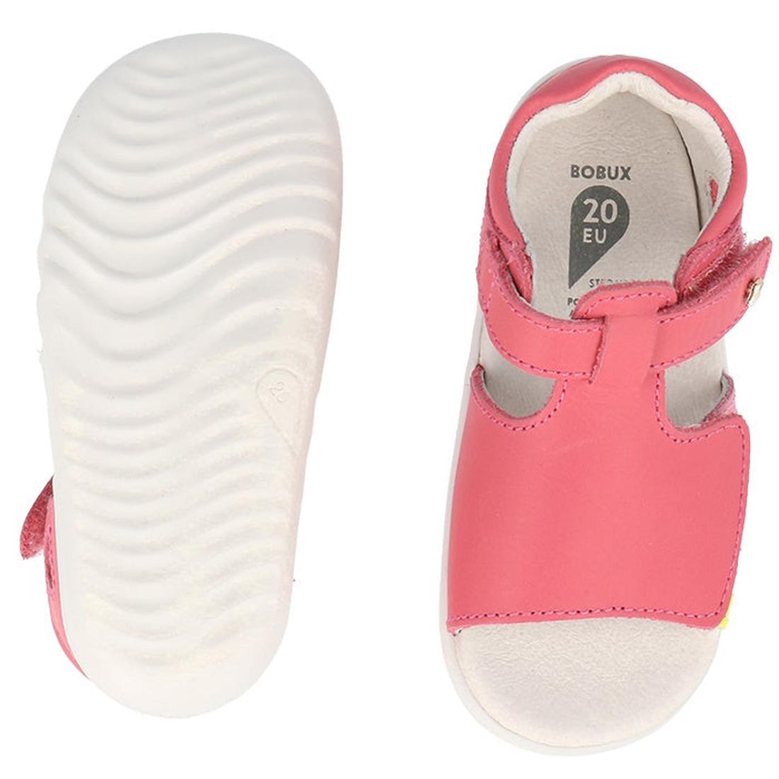 The Bobux Step Up Mirror Leather Sandal Guava Bright Pink 727338 features pink leather, white textured soles, and an open-toe design—one sandal top view and one showing the wavy grip. Perfect first walker sandals. Clearance, not returnable., 9420068523371