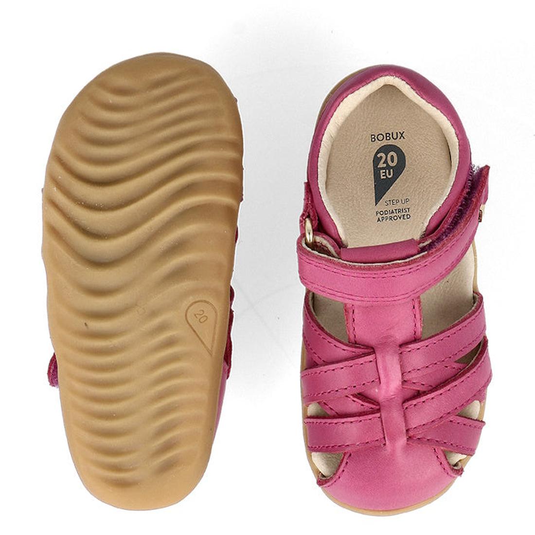Bobux Step Ups Cross Jump Mauve Haze 731116 closed toe sandals for toddlers feature a pink leather upper, adjustable strap, tan rubber sole with wave-like grooves, and EU size 20 label inside., 9420075773622, 9420075773288, 9420075769649, 9420075768871