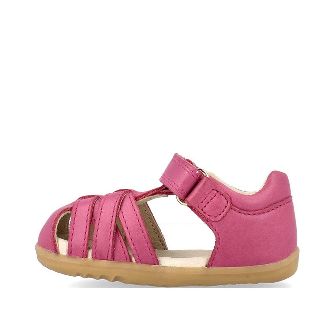 The Bobux Step Ups Cross Jump Mauve Haze 731116 is a pink closed-heel, open-toe kids' sandal with multiple front straps, a Velcro strap closure, and a light brown rubber sole., 9420075773622, 9420075773288, 9420075769649, 9420075768871
