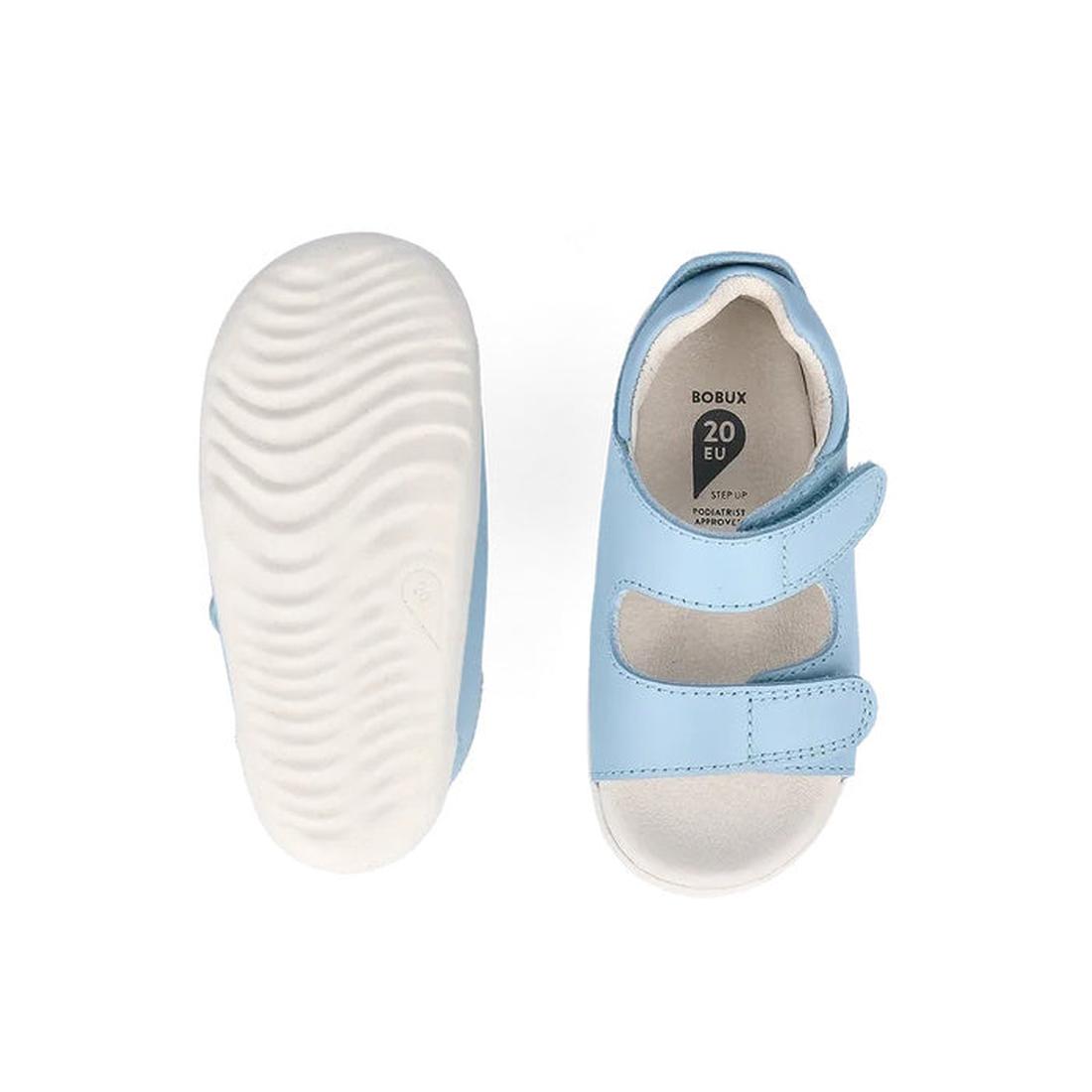 The Bobux Step Up - Topia Sandal First Walking Glacial Blue (751303) in size 20 EU is a light blue toddler sandal with white soles, two adjustable Velcro straps, supportive design, and shown from the top and bottom., 39287, 9420075763760, 9420075763678, 9
