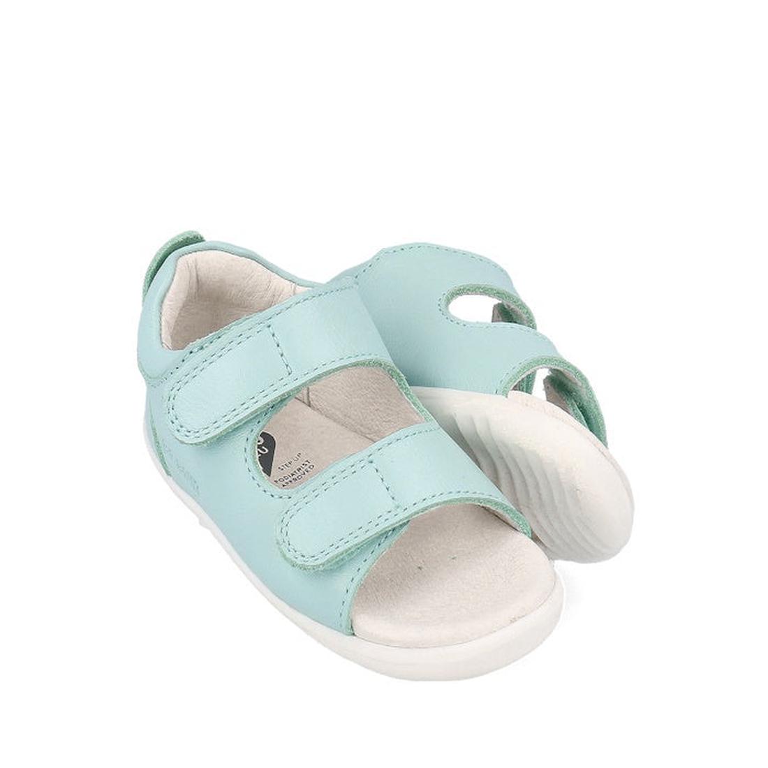 The Bobux Step Up - Topia Sandal First Walker 751302 in Fresh Mint is a leather toddler sandal with two Velcro straps, white soles, and an open-toe design—ideal as a first walking sandal. Both sandals are displayed against a white background.