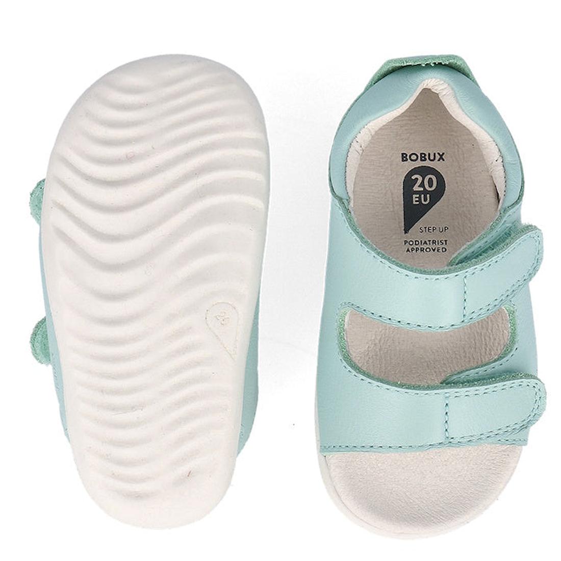 The Bobux Step Up - Topia Sandal First Walker 751302 in Fresh Mint features light blue toddler sandals with white soles, Velcro straps on top, and a visible tread pattern and size label (20 EU)—perfect as a first walking sandal., 9420075763784, 9420075763