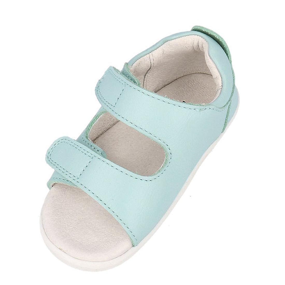 The Bobux Step Up - Topia Sandal First Walker 751302 in Fresh Mint is a light blue, open-toe toddler sandal with two Velcro straps and a white sole, shown on a white background., 9420075763784, 9420075763692, 9420075763647, 9420075763746