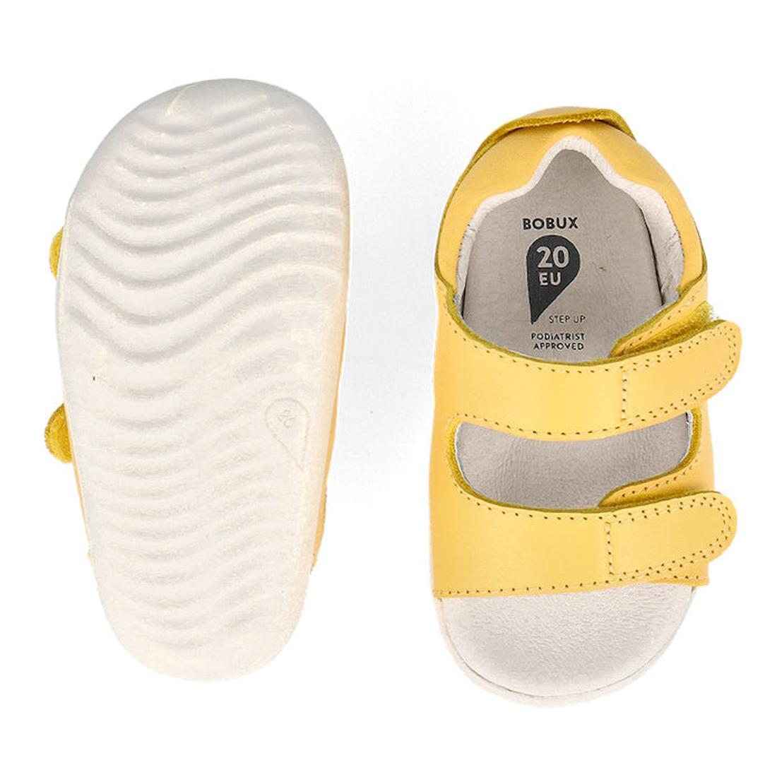 The Bobux Step Up - Topia First Walker Sandal 751304 Pineapple Yellow is a pair of size 20 EU yellow leather baby sandals with white soles and two adjustable straps—ideal as your little one's first summer walking sandal., 9420075763722, 9420075763654, 942