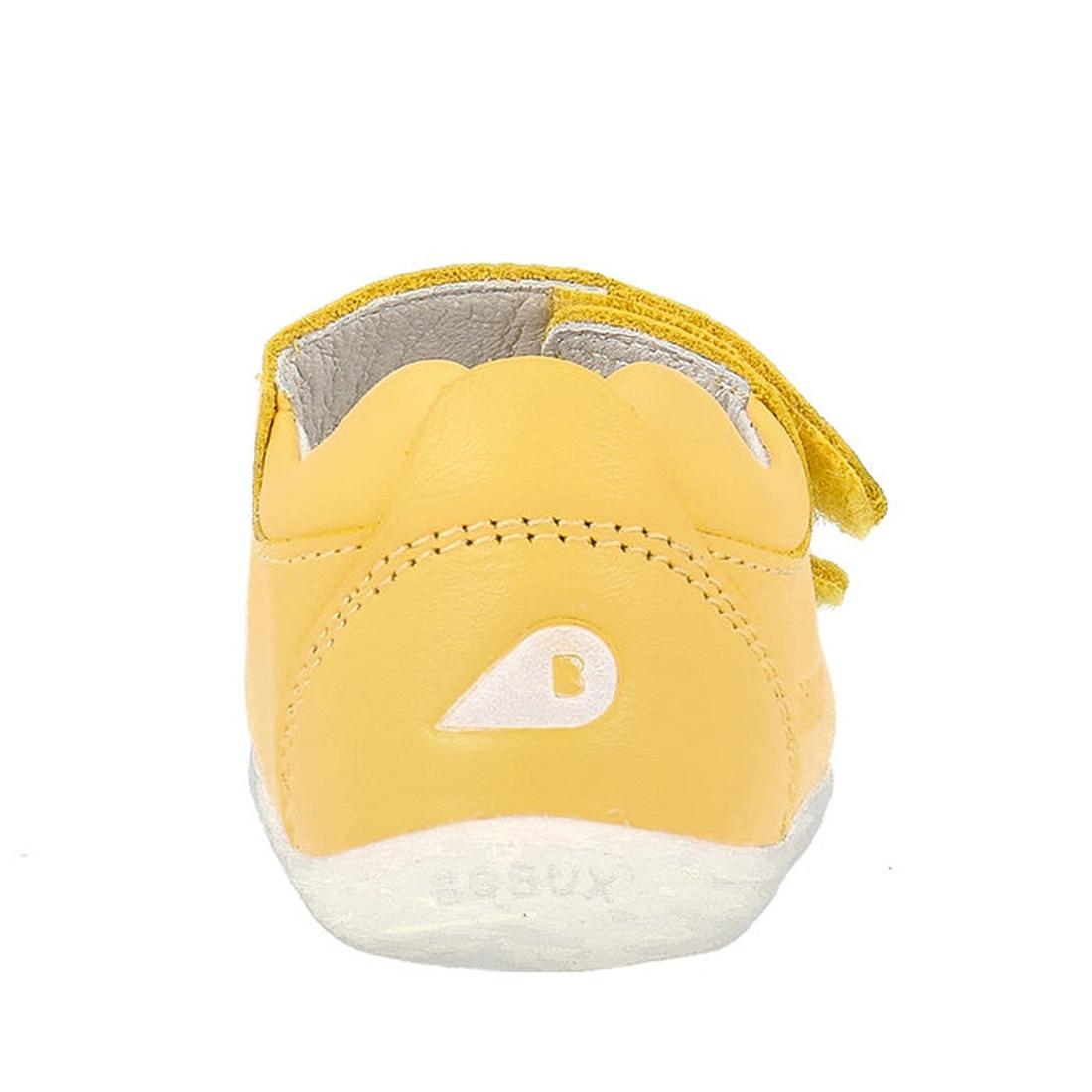The Bobux Step Up - Topia First Walker Sandal 751304 in Pineapple Yellow is a baby leather sandal with a white sole, scalloped edge, and a small B logo inside a white teardrop near the heel, shown from the back., 9420075763722, 9420075763654, 942007576442