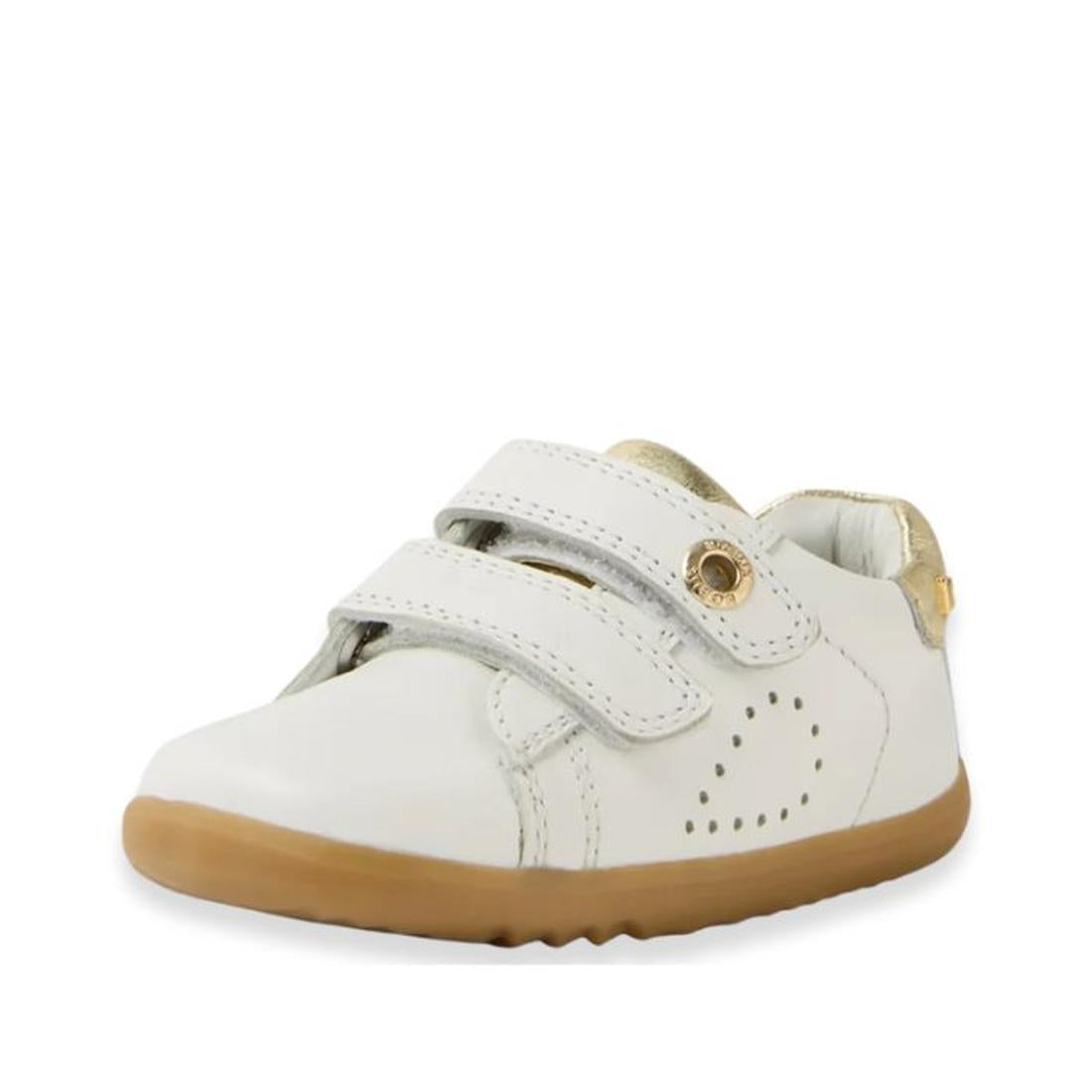 The Bobux SU Step Up Maverick Leather Toddlers Sneaker in White Gold features a tan rubber sole, two adjustable Velcro straps, side perforations, and gold accents—perfect as a stylish first walker., 9420074836748, 9420074836755, 9420074836762