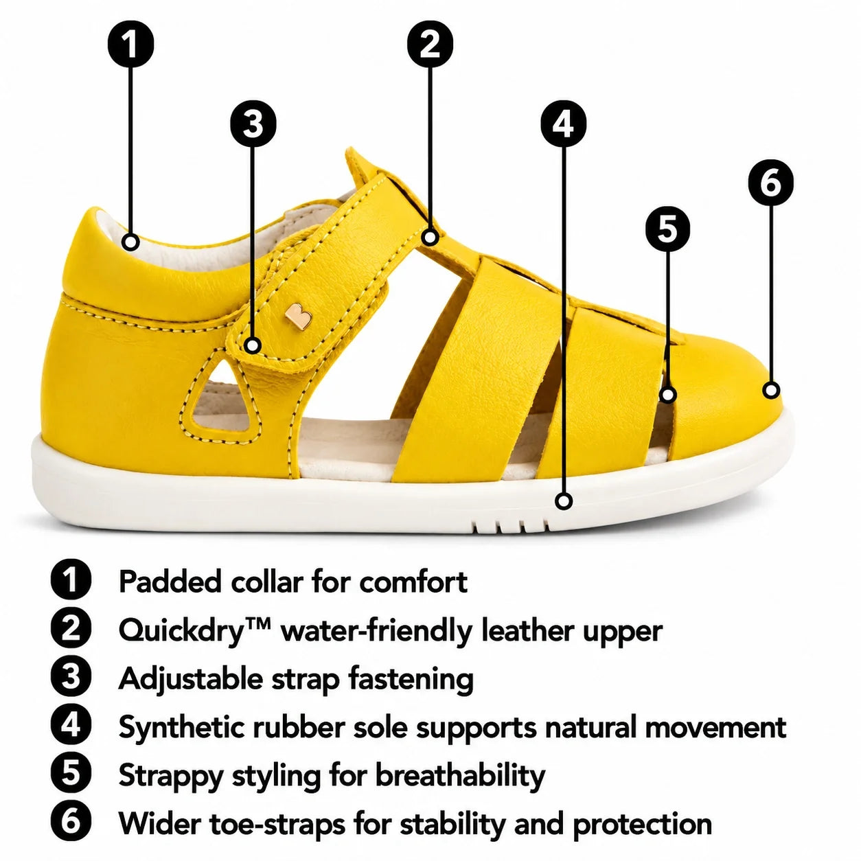 Introducing the Bobux Kid + Plus Tidal Closed Toe Quick Dry Sandal in Retro Green: a children’s sandal inspired by classic Tidal designs, featuring labels for padded collar, water-friendly leather upper, adjustable strap, flexible rubber sole, strappy det