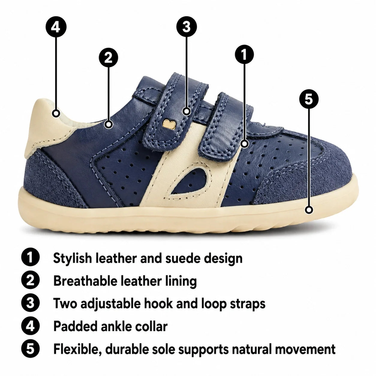 Introducing the Bobux IW Iwalk Toddlers Titan Warm Taupe Leather Trainer—a toddler sneaker crafted with premium leather and suede, breathable lining, adjustable hook-and-loop straps, a padded ankle collar, and a flexible, durable sole. Each feature is cle