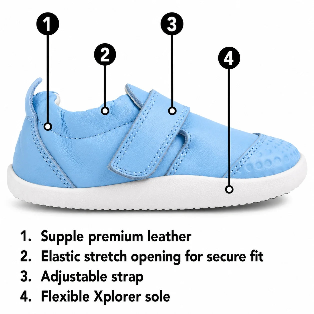 The Bobux Xplorer XP Go Mango Mint First Walker Crawler features a light blue (Mango Mint) design with a white flexible Xplorer sole, supple premium leather, an elastic stretch opening, and an adjustable strap—perfect soft leather baby shoes for little on