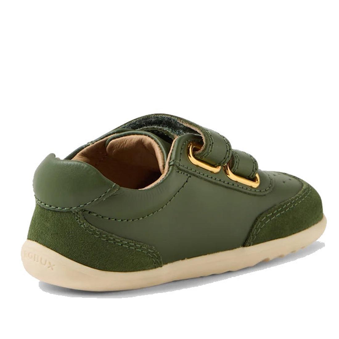 The Bobux Step Up SU Champ II Sneaker in Bronze Green is a small leather and suede toddler first walker, featuring a beige sole, two adjustable hook-and-loop straps, and gold-tone eyelets for style and comfort., 9420074812698, 9420074812704, 9420074812711