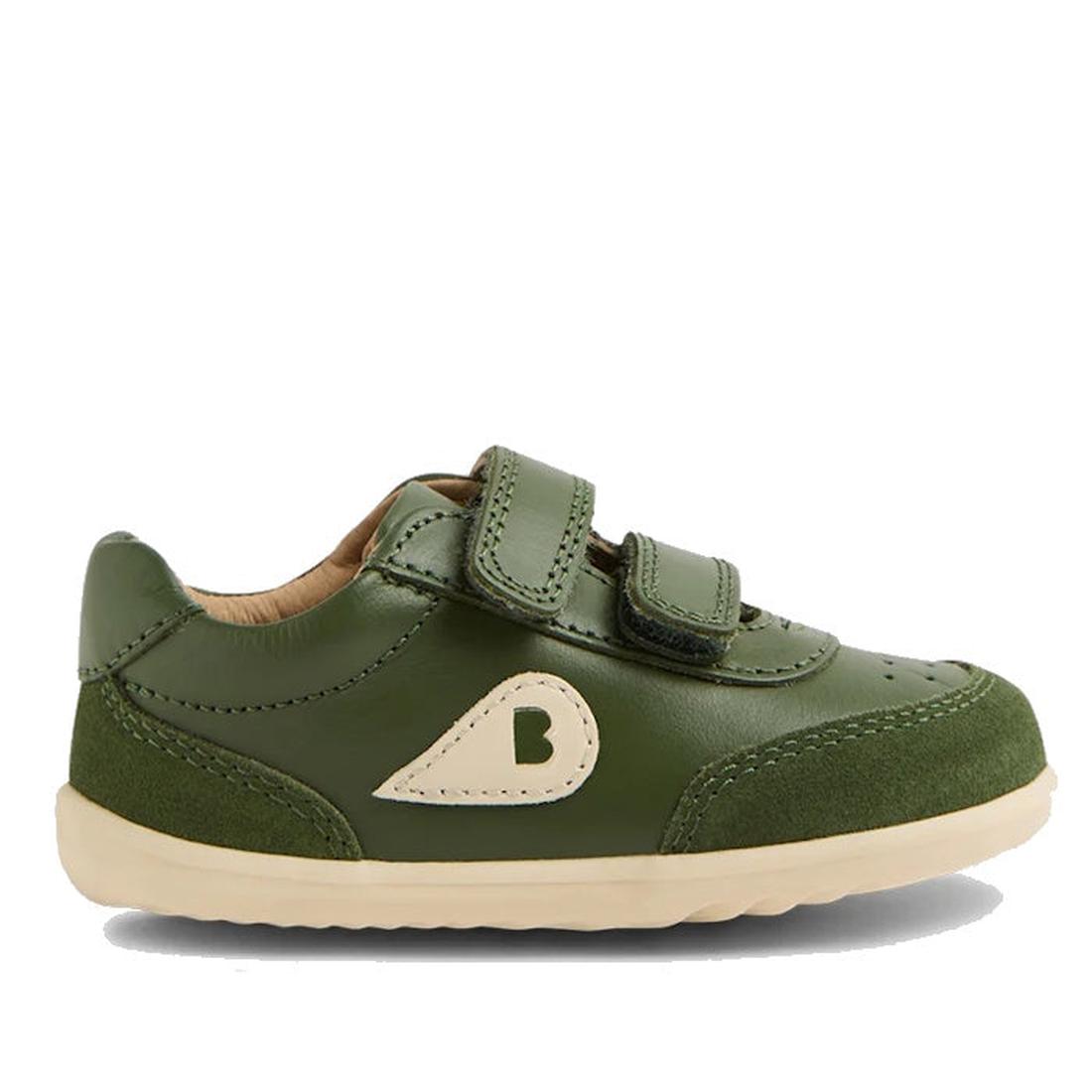 The Bobux Step Up SU Champ II Sneaker in Bronze Green features adjustable hook-and-loop straps, beige sole, and a beige B patch—perfect leather first walker shoes for toddlers., 9420074812698, 9420074812704, 9420074812711