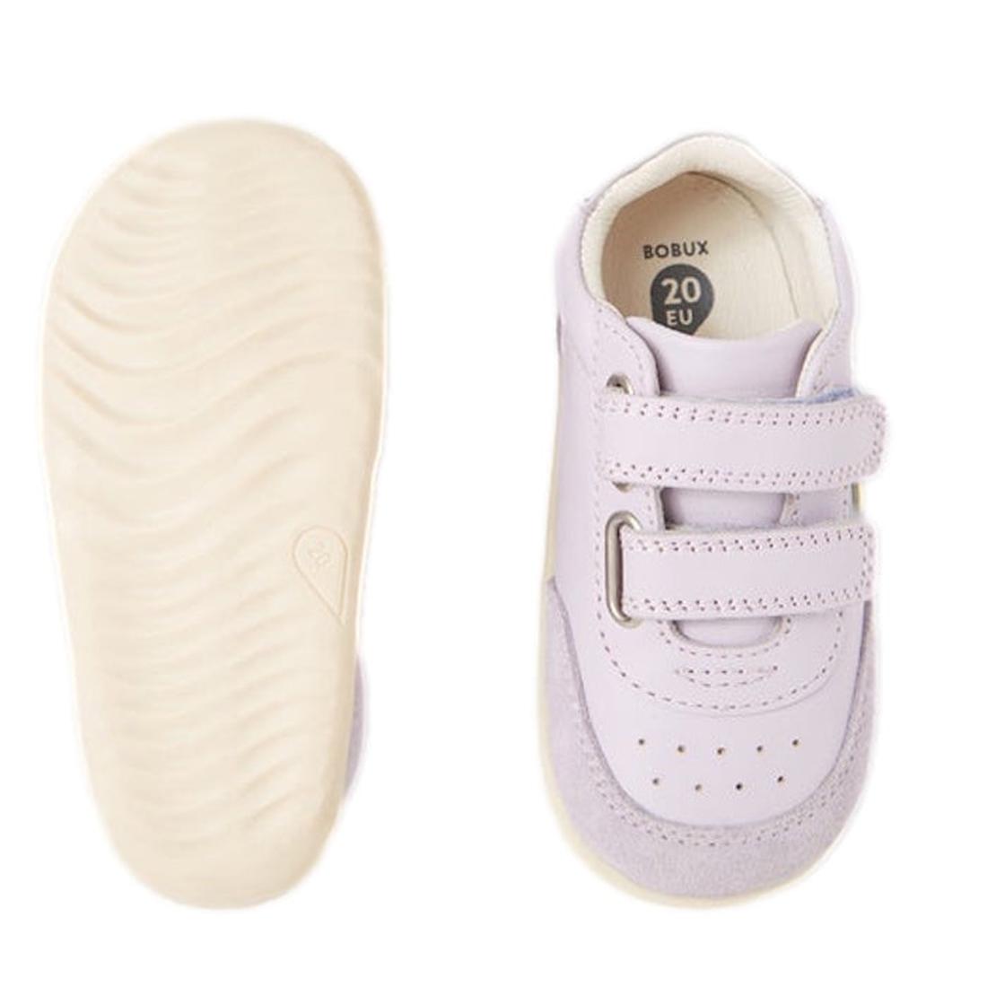 Bobux Step Up SU Champ II Sneaker Thistle Purple: Light purple first walker sneakers with two velcro straps; one shoe is shown from the top and the other displays a textured, off-white rubber sole—ideal leather sneakers for little explorers., 942006855236