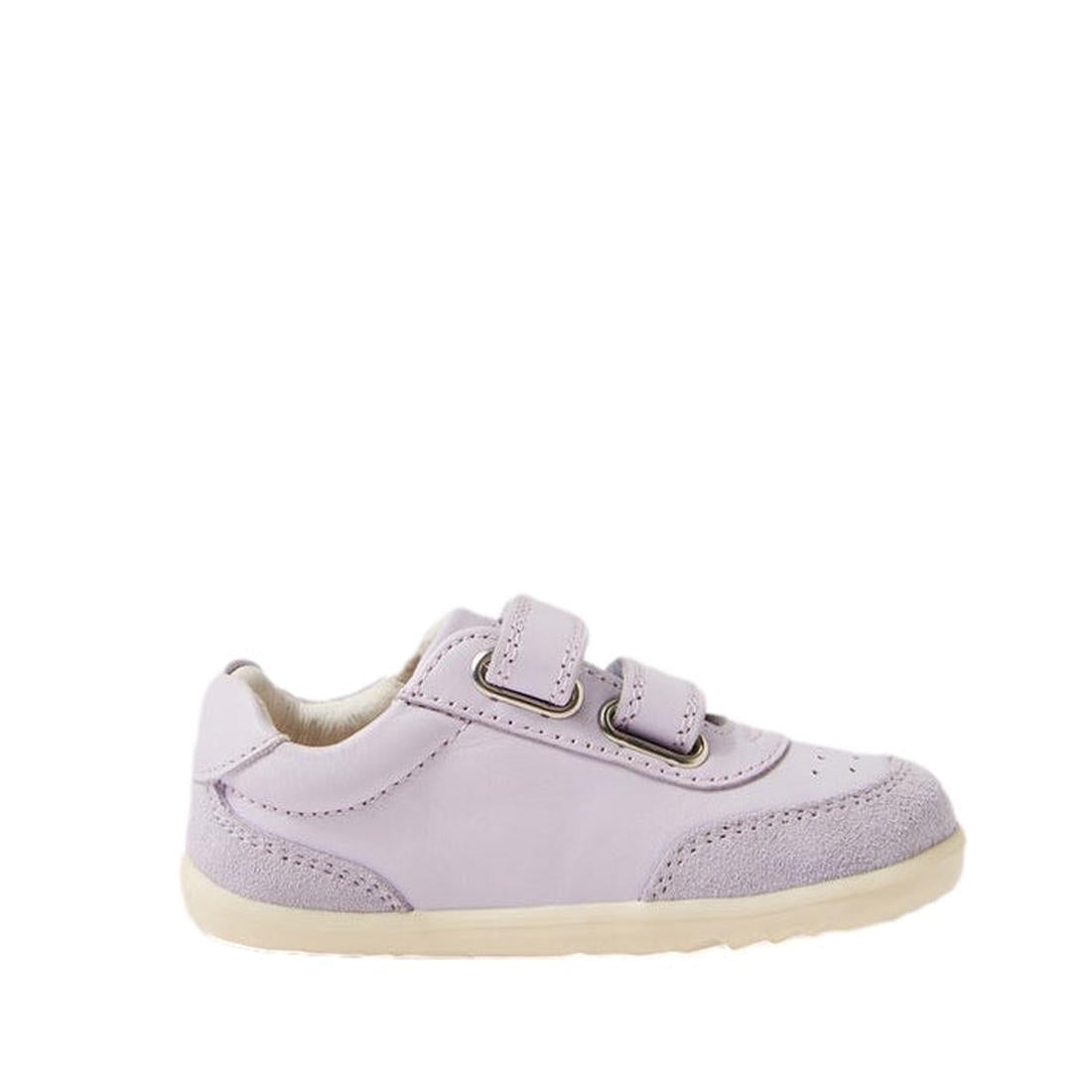 The Bobux Step Up SU Champ II Sneaker in Thistle Purple features a light purple design, beige sole, suede accents, and two hook-and-loop straps. Shown side profile on a white background, it's perfect for toddlers’ first steps., 9420068552364, 942006855237