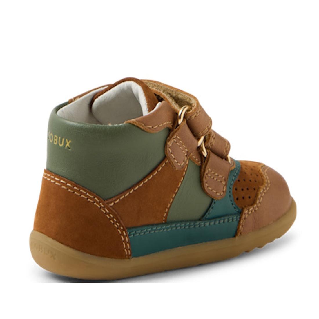 The Bobux IW Iwalk Harley Toddlers Leather Boots in tan feature brown, green, and teal leather panels, two adjustable straps, white stitching, a light brown rubber sole, and the BOBUX logo near the heel., 9420074833464, 9420074833471, 9420074833488, 94200