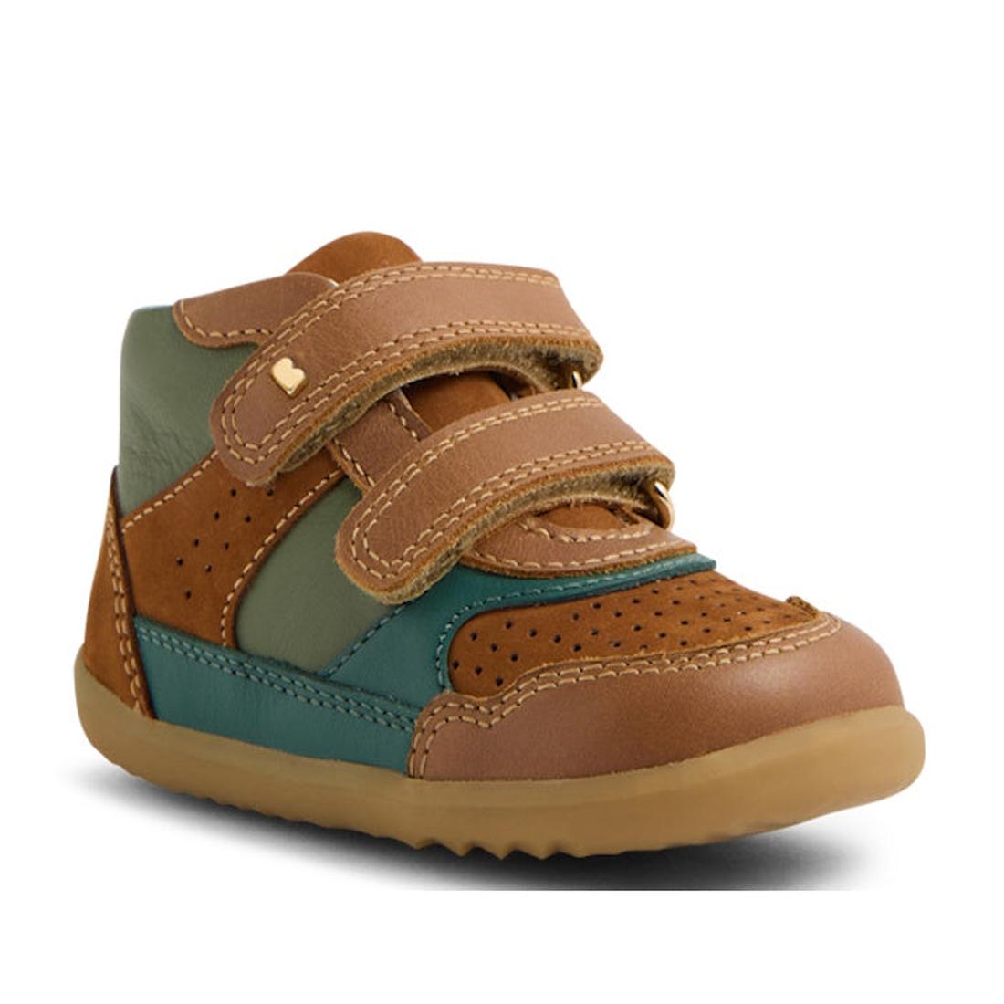 The Bobux SU Harley First Walker Leather Boots Tan are stylish children’s sneakers featuring brown, green, and teal leather panels, two velcro straps, perforated detailing, and a tan rubber sole., 9420074833266, 9420074833273, 9420074833280, 9420074833297