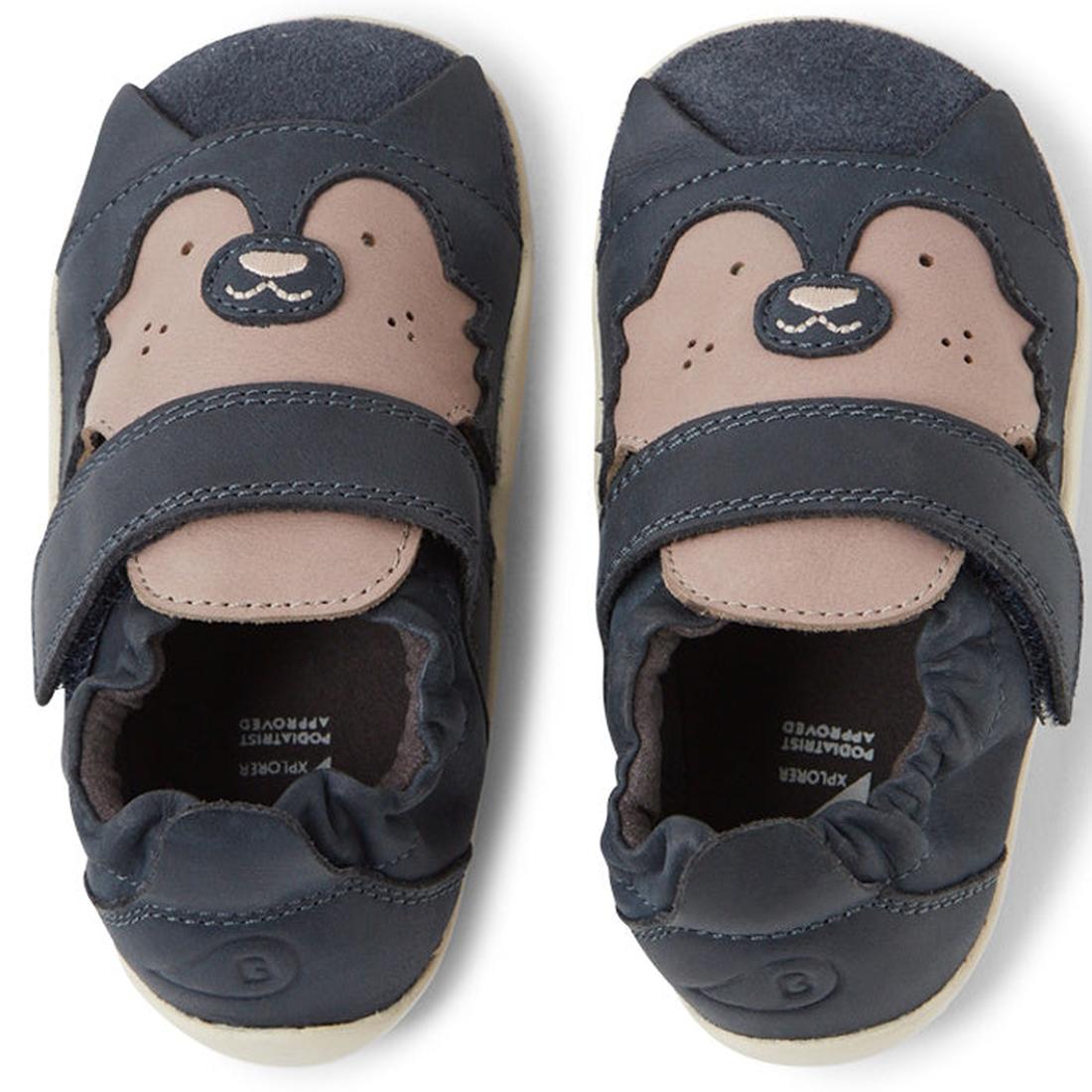 The Bobux XP Xplorer Howl First Walking Shoes in navy feature a bear design, adjustable velcro straps, and flexible soles—ideal pre-walker leather shoes for toddlers., 9420074806000, 9420074806017, 9420074806024, 9420074806031, 9420074805997, 942007480600