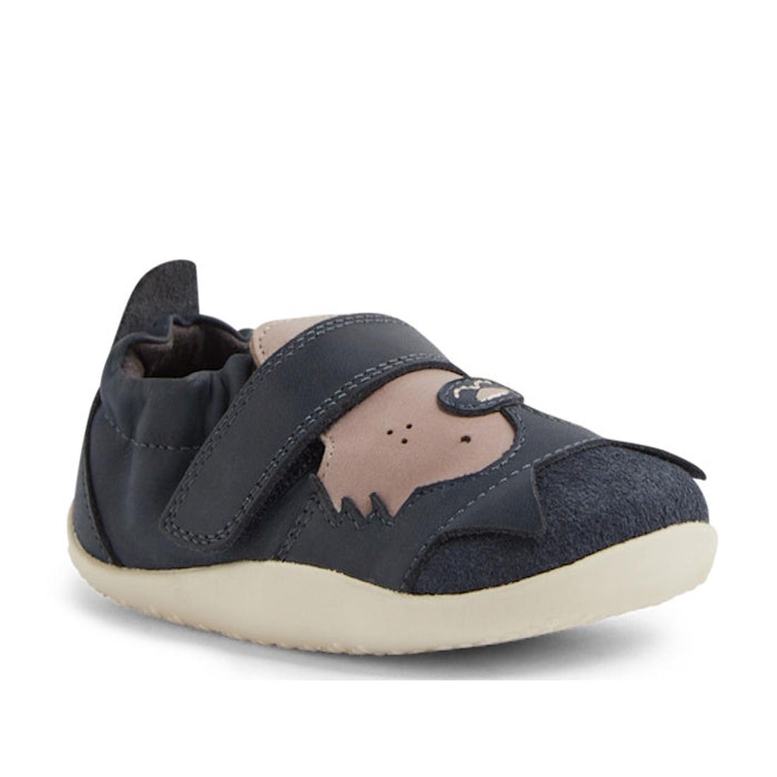 The Bobux XP Xplorer Howl First Walking Shoes in Navy feature a playful bat design, adjustable strap, soft sole, and elastic heel—perfect pre walkers for little ones. Photographed on a white background., 9420074806000, 9420074806017, 9420074806024, 942007