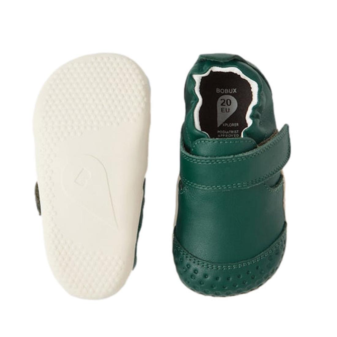 Bobux XP Xplorer First Walking Shoes Go Mediterranean Green: pre-walker leather shoes with white non-slip flexible soles, velcro strap, and size 20 EU label—ideal for little explorers taking their first steps., 9420074808820, 9420074808837, 9420074808844,