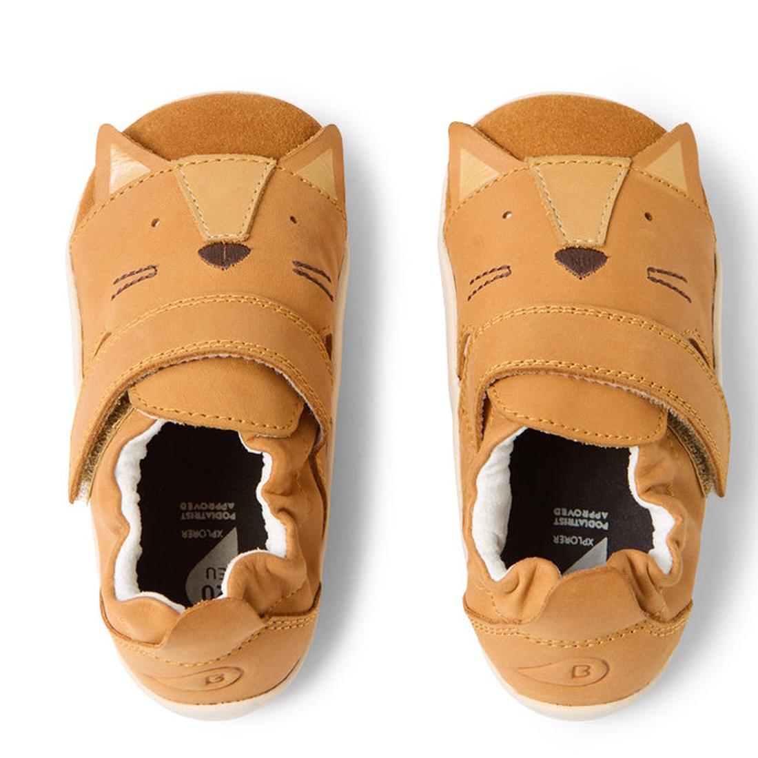 The Bobux XP Xplorer Rummage First Walking Shoes in Pumpkin Spice Orange are toddler pre-walker leather shoes with cat face details, Velcro straps, an elastic heel, and a flexible EVA sole for comfort., 9420074805904, 9420074805911, 9420074805928, 9420074
