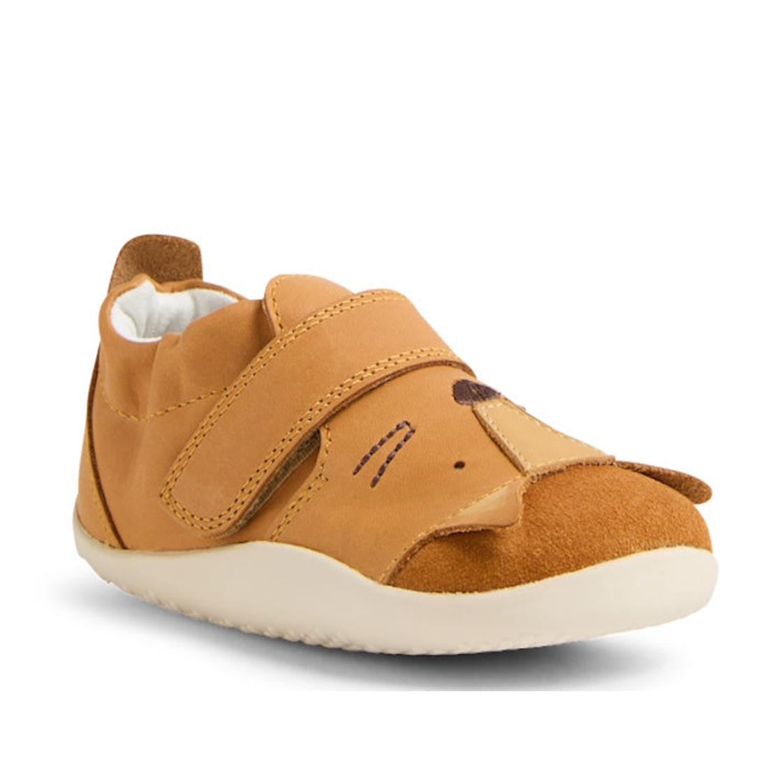 Bobux XP Xplorer Rummage First Walking Shoes in Pumpkin Spice Orange feature cute animal details, front ears, a Velcro strap, flexible EVA sole for comfort, and a white rubber base—perfect pre-walker shoes for toddlers., 9420074805904, 9420074805911, 9420