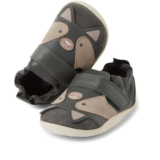 Bobux XP Xplorer Scrunch First Walking Shoes in smoke grey, featuring adjustable velcro straps, animal face details with beige ears and noses, and white soles—perfect pre-walkers for little ones.