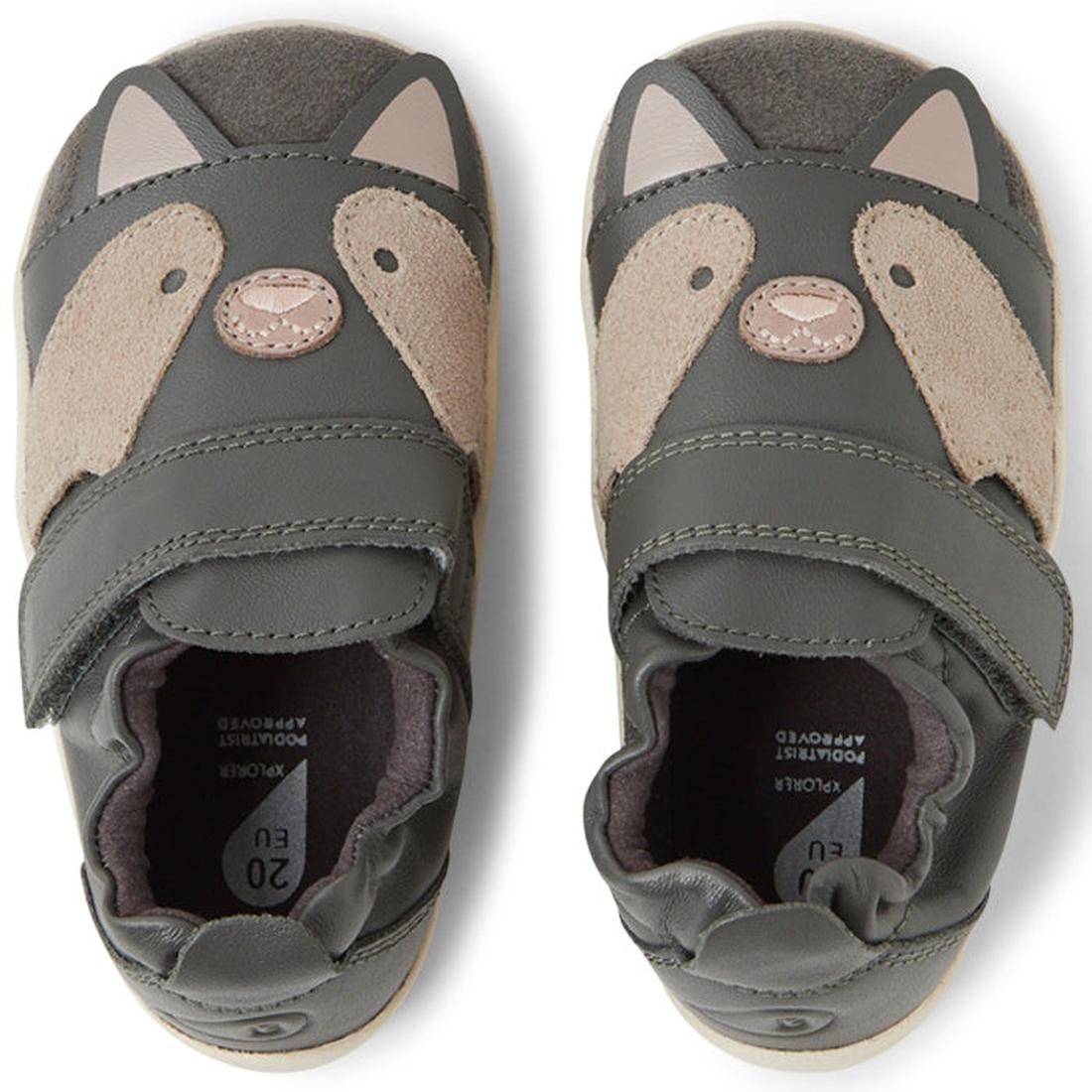 The Bobux XP Xplorer Scrunch First Walking Shoes in Smoke Grey are kids' pre-walker shoes featuring gray and beige colors, velcro straps, and playful animal face designs with ears, eyes, and a nose on the toes., 9420074805850, 9420074805867, 9420074805874