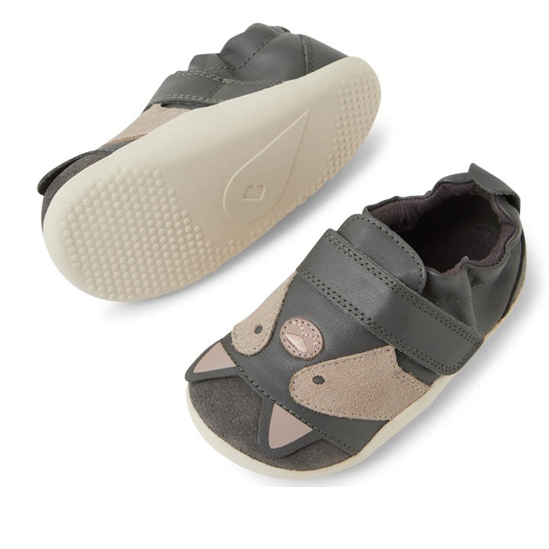 The Bobux XP Xplorer Scrunch First Walking Shoes in Smoke Grey feature cat face designs with ears and whiskers, an adjustable strap, and a textured sole with a heart-shaped logo—perfect pre-walker shoes for toddlers., 9420074805850, 9420074805867, 9420074