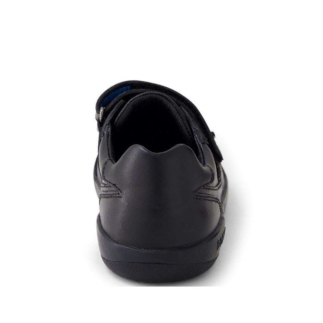 A Bobux Kid+ Black School Leather Shoe Traverse Trainer, sneaker-style, is shown from the back against a white background, highlighting its heel, sole, and part of the collar., 9420075762978, 9420075762985, 9420075762992, 9420075763005, 9420075763012, 942