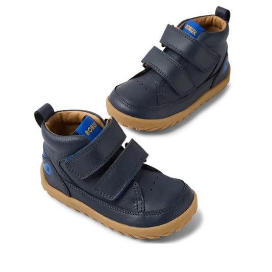 Bobux IW Iwalk Trek Leather Boot Navy Blue 635801: kids' boots with cozy lining, easy Velcro straps, tan rubber soles, pull tab.  ksnz