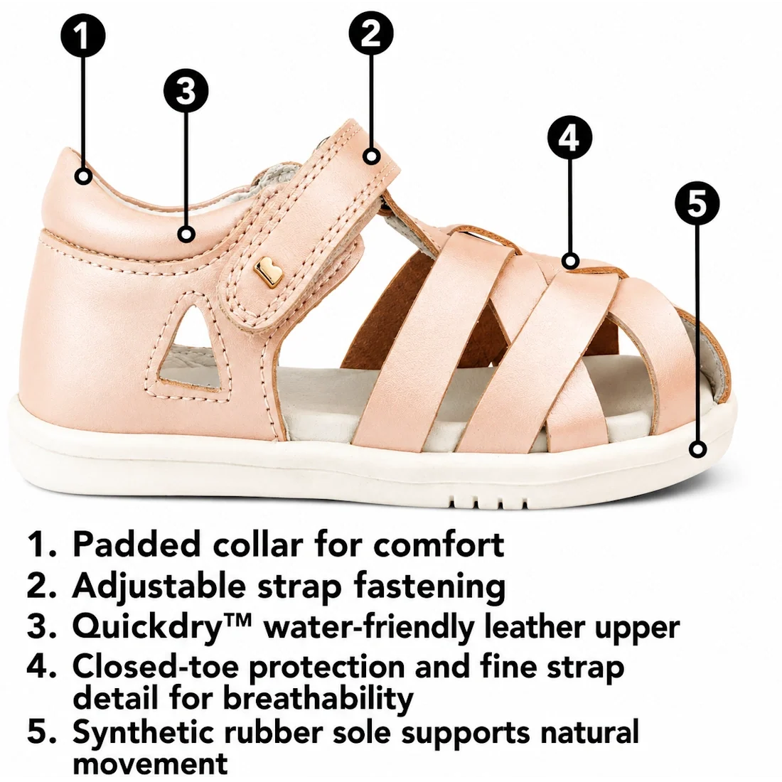 A blue children's sandal, the Bobux Step Up SU Tropicana II Baltic Sea Blue Closed Toe Sandal, features a padded collar, adjustable strap, quick-dry leather upper, closed-toe protection, and a synthetic rubber sole. Perfect for everyday adventures, these 