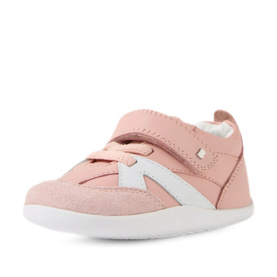 A single Bobux Xplorer XP Chase Ballet Pink First Walker Crawler sneaker, featuring a white sole, white stripe detail, and Velcro strap, is displayed at an angle on a plain white background—making it a perfect choice for stylish pre-walker shoes., 9420074